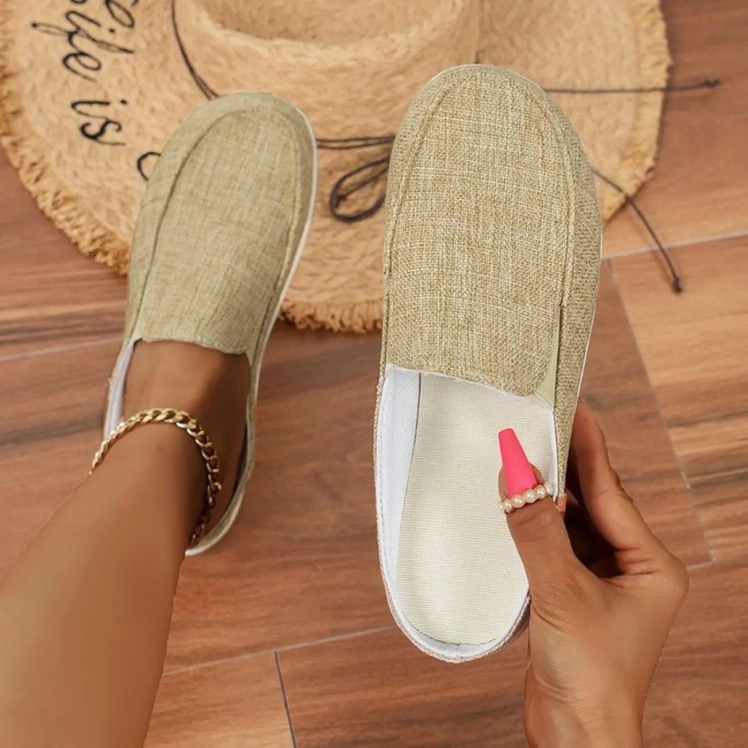 Women Canvas Slip On Lightweight Mule Sneaker,Summer Fashion Open Back Flats Walking Shoes Closed Round Toe Low Non-Slip Sneakers 2025 Top Casual Loafer Comfort