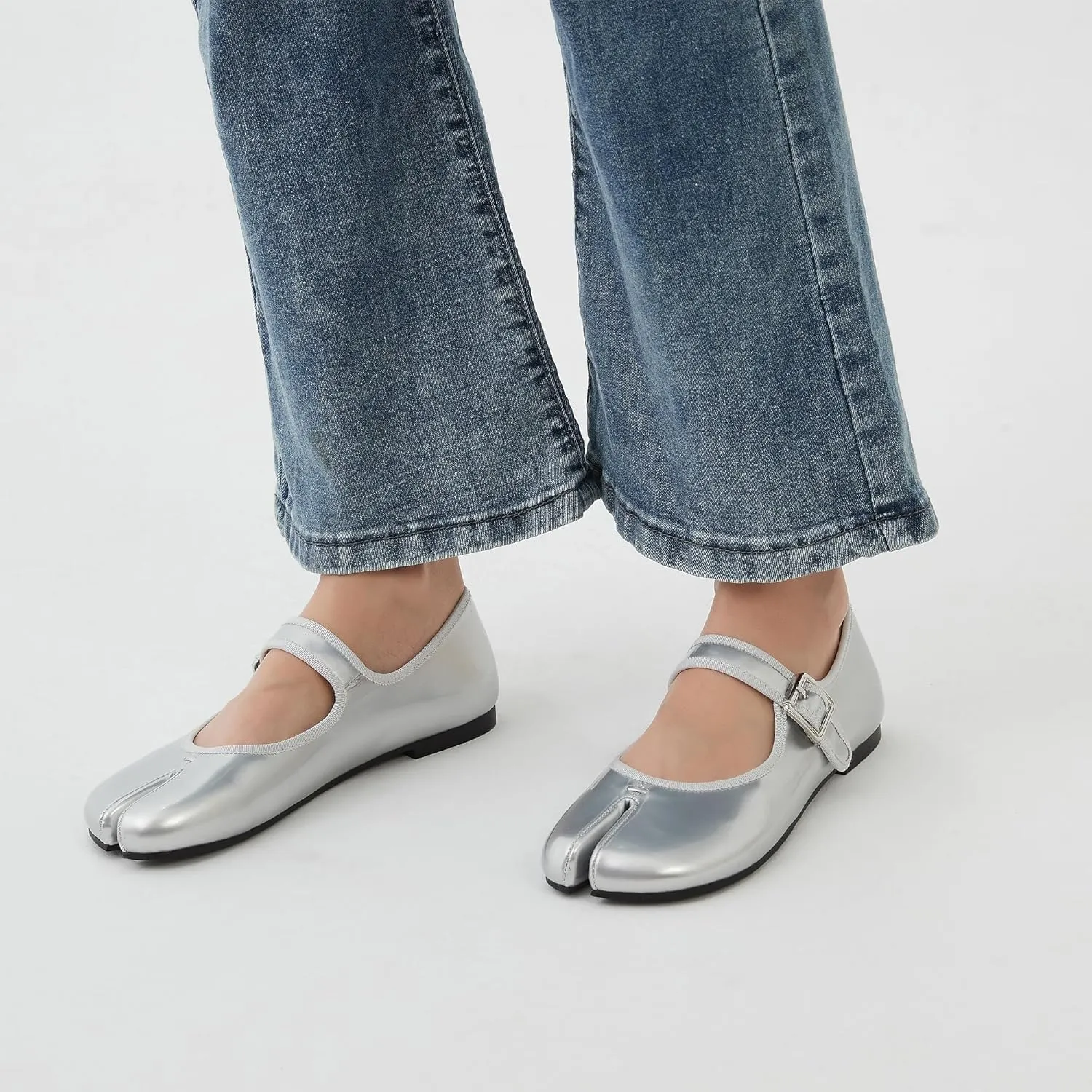Women Fashion Buckle Strap Casual Flats Ballerina Ninja Cozy Dress Shoes Mary Jane Moccasins Ballet Faux Leather Split Toe Shoes