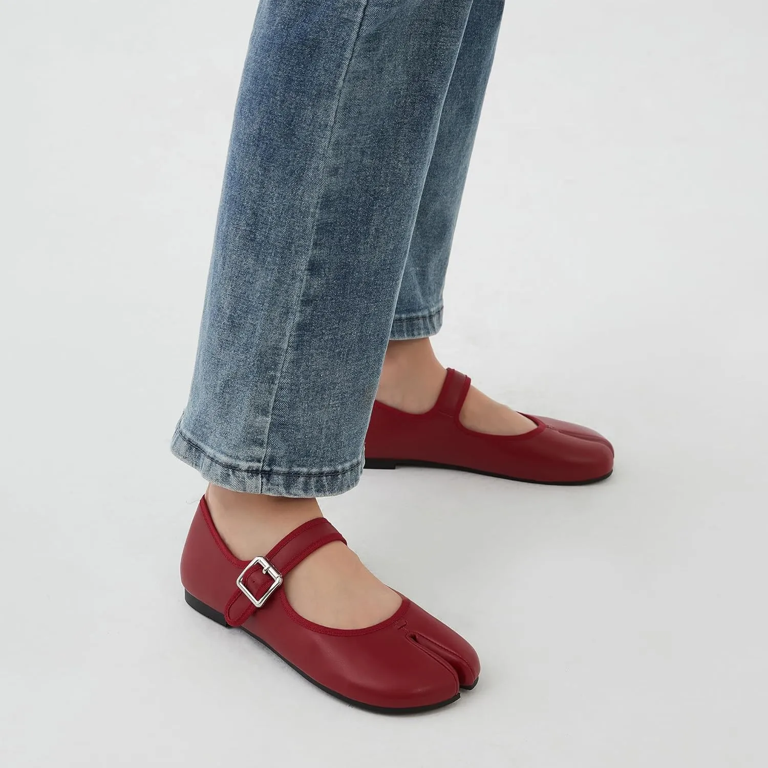 Women Fashion Buckle Strap Casual Flats Ballerina Ninja Cozy Dress Shoes Mary Jane Moccasins Ballet Faux Leather Split Toe Shoes