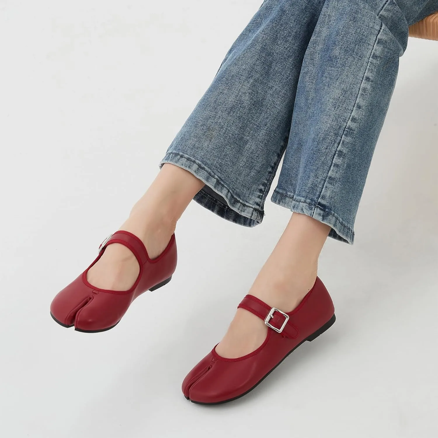 Women Fashion Buckle Strap Casual Flats Ballerina Ninja Cozy Dress Shoes Mary Jane Moccasins Ballet Faux Leather Split Toe Shoes