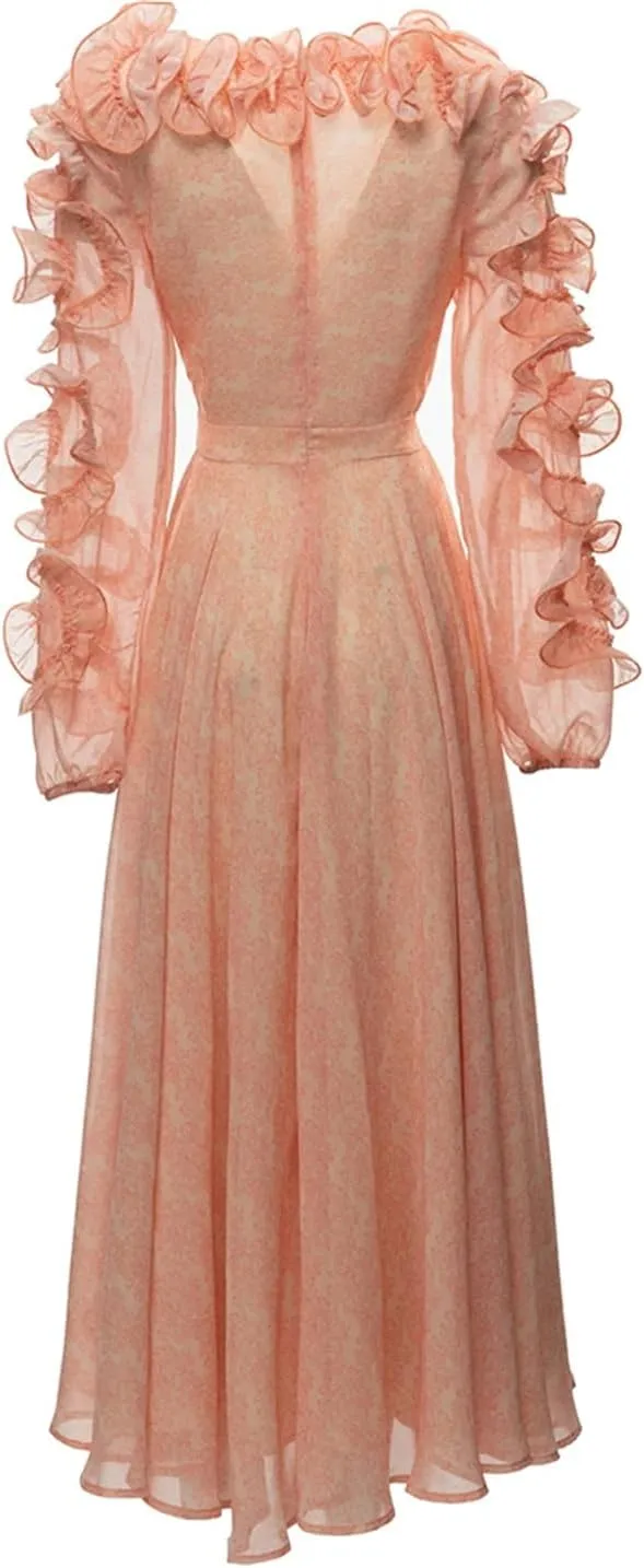 Women Floral Summer Big Swing Long Dress Cascading Ruffle Lantern Sleeve A-Line Print Dress