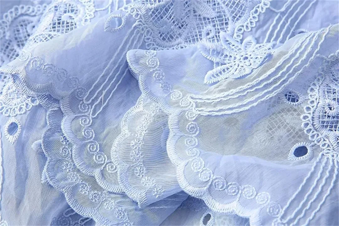 Women Lace Dress Summer V-Neck Short Sleeve Hollow Out Solid A-Line Dresses