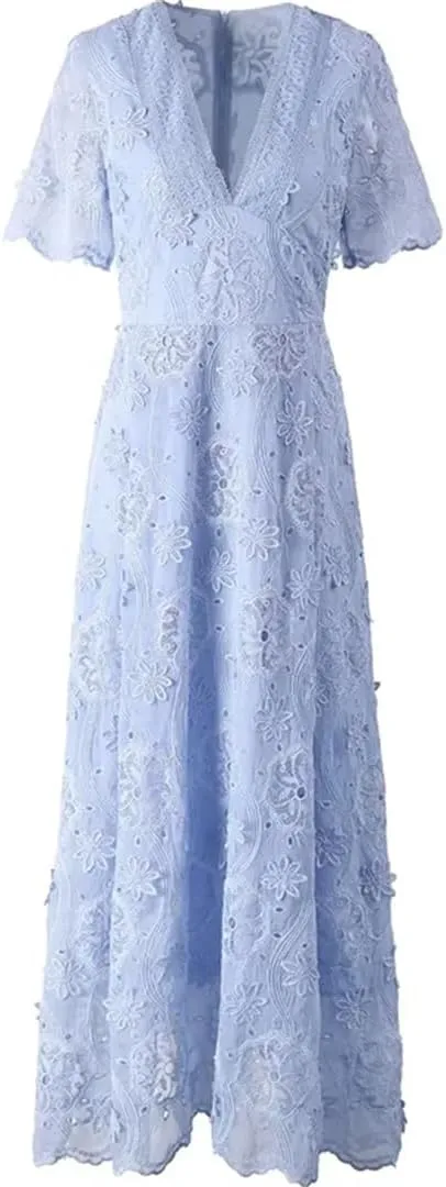 Women Lace Dress Summer V-Neck Short Sleeve Hollow Out Solid A-Line Dresses