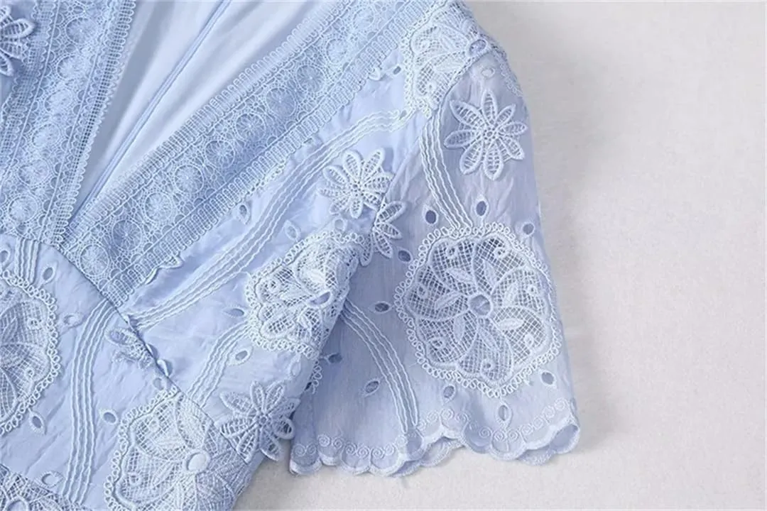 Women Lace Dress Summer V-Neck Short Sleeve Hollow Out Solid A-Line Dresses