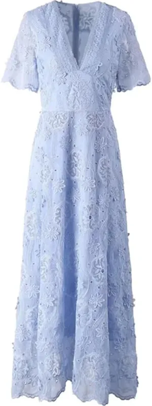 Women Lace Dress Summer V-Neck Short Sleeve Hollow Out Solid A-Line Dresses
