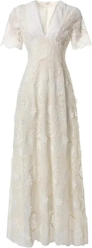 Women Lace Dress Summer V-Neck Short Sleeve Hollow Out Solid A-Line Dresses