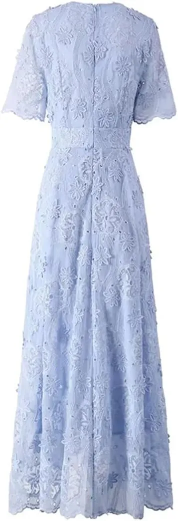 Women Lace Dress Summer V-Neck Short Sleeve Hollow Out Solid A-Line Dresses