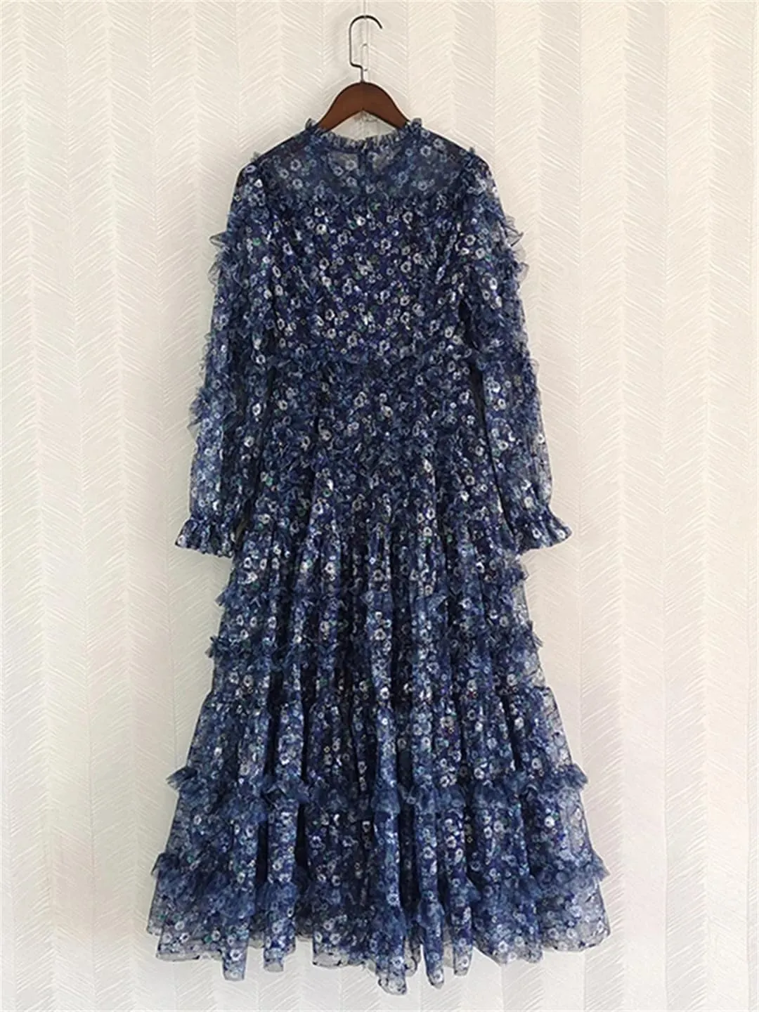 Women Mesh Print Dresses Spliced Ruffle Long Sleeve Crew Neck Causal Loose A-Line Dress