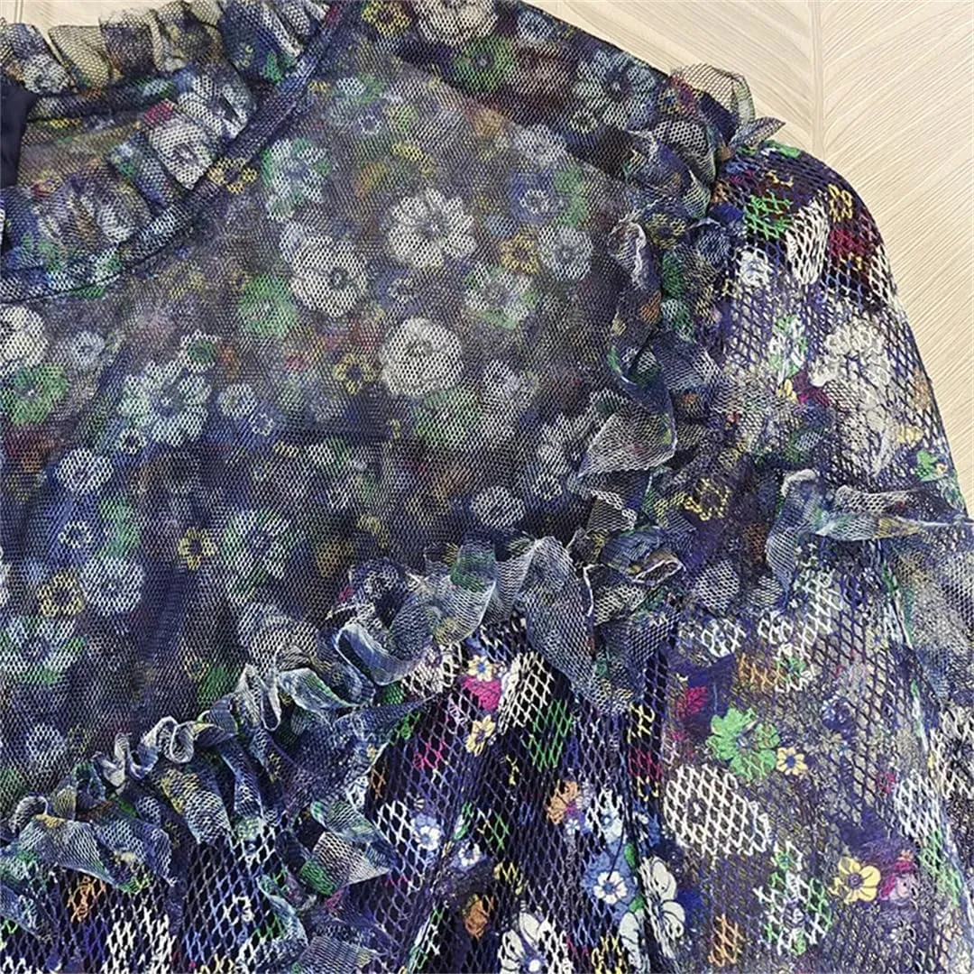 Women Mesh Print Dresses Spliced Ruffle Long Sleeve Crew Neck Causal Loose A-Line Dress