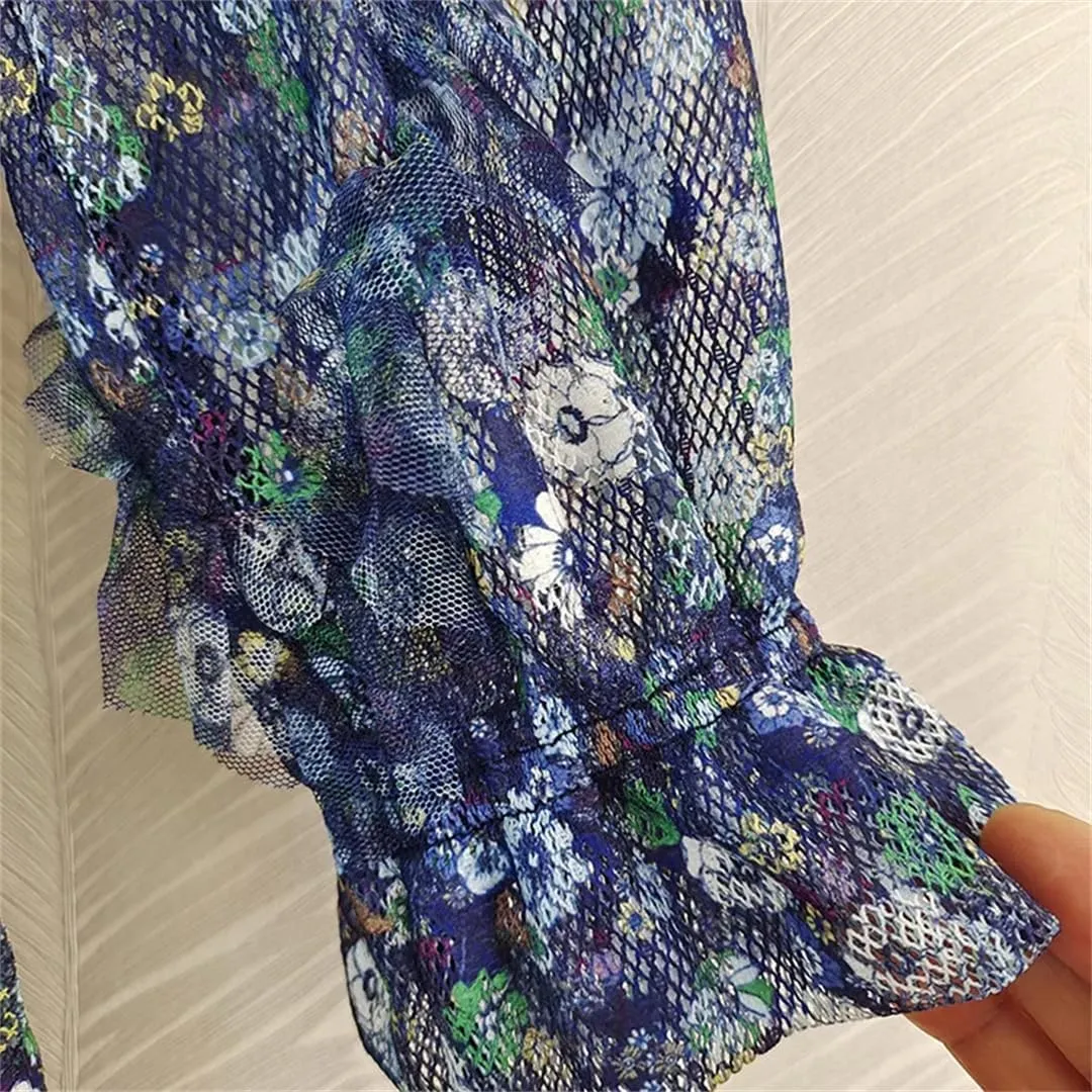 Women Mesh Print Dresses Spliced Ruffle Long Sleeve Crew Neck Causal Loose A-Line Dress