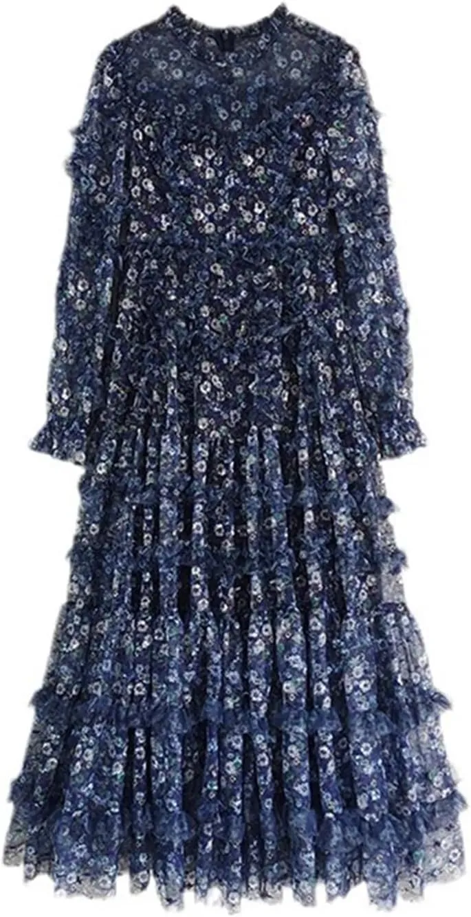 Women Mesh Print Dresses Spliced Ruffle Long Sleeve Crew Neck Causal Loose A-Line Dress