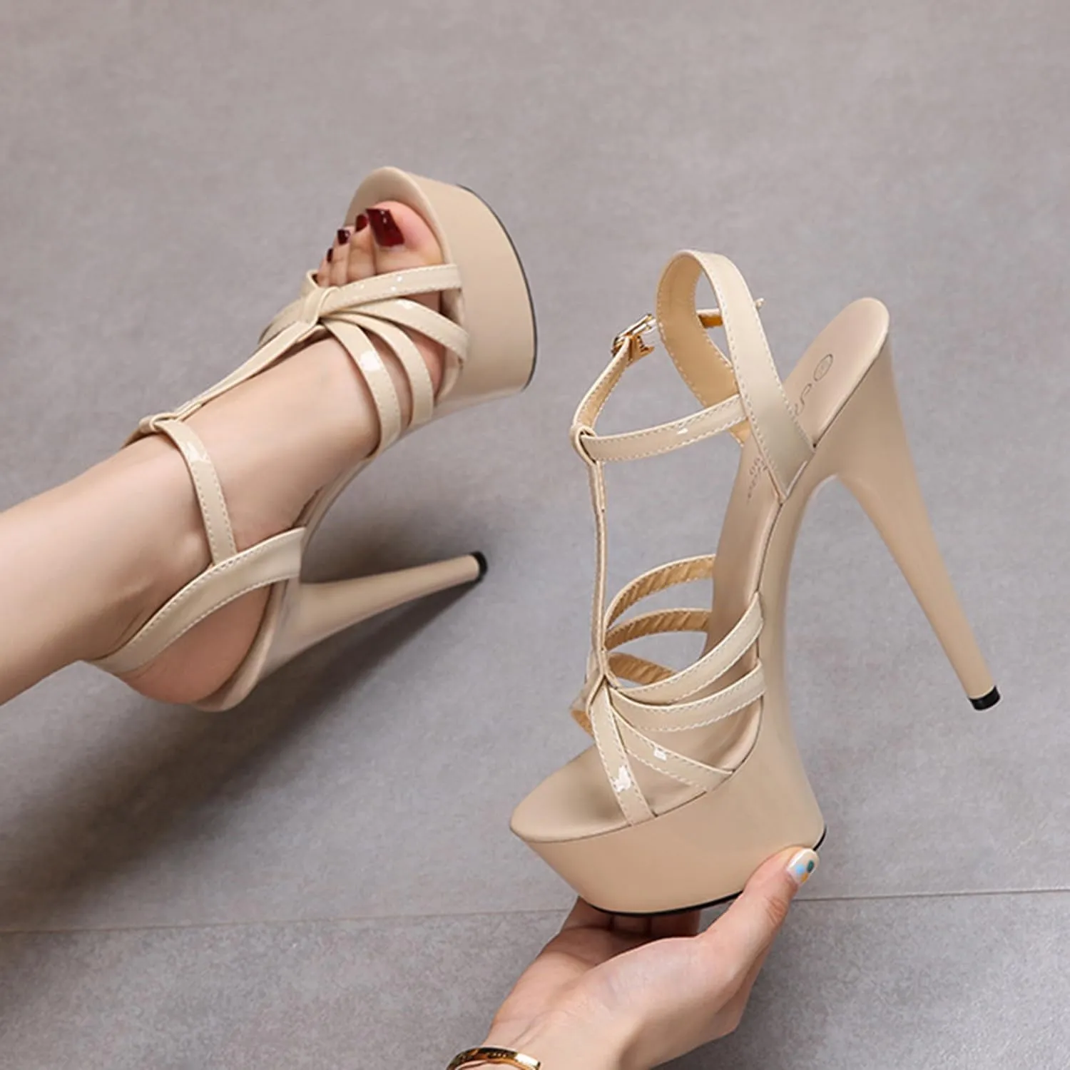 Women Platform T-Strap High Heel Slingback Sandals Stiletto Peep Open Toe Ankle Strap Shoes