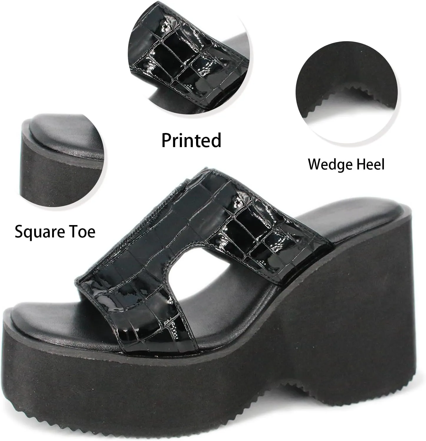 Women Pu Print Square Toe Platform Slides Sandals Fashion Chunky Lug Sole Non Slip chunky Wedges Mule Slides Comfortable Slip on Thick Sole Outdoor Causal Summer Sandals