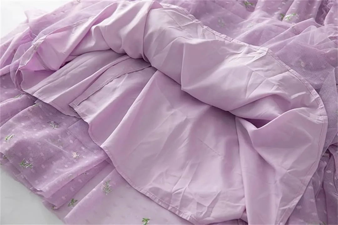 Women Tulle Flowers Polka Dot Embroidery Net Yarn Ruffles Chiffon Dresses