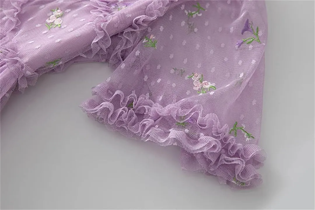 Women Tulle Flowers Polka Dot Embroidery Net Yarn Ruffles Chiffon Dresses