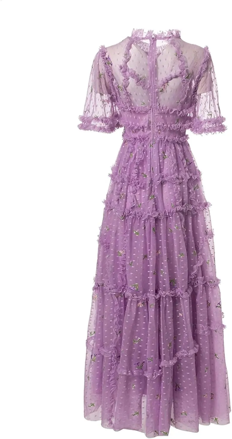 Women Tulle Flowers Polka Dot Embroidery Net Yarn Ruffles Chiffon Dresses