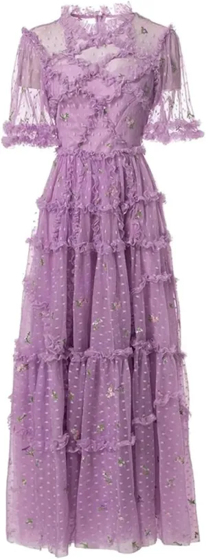 Women Tulle Flowers Polka Dot Embroidery Net Yarn Ruffles Chiffon Dresses