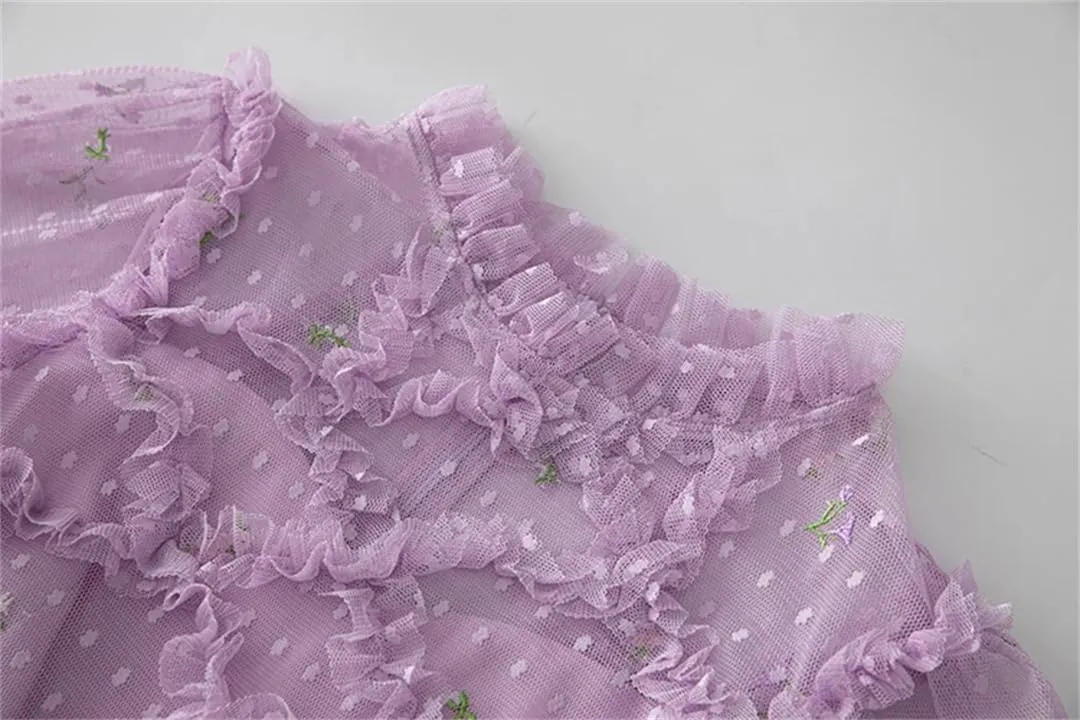 Women Tulle Flowers Polka Dot Embroidery Net Yarn Ruffles Chiffon Dresses