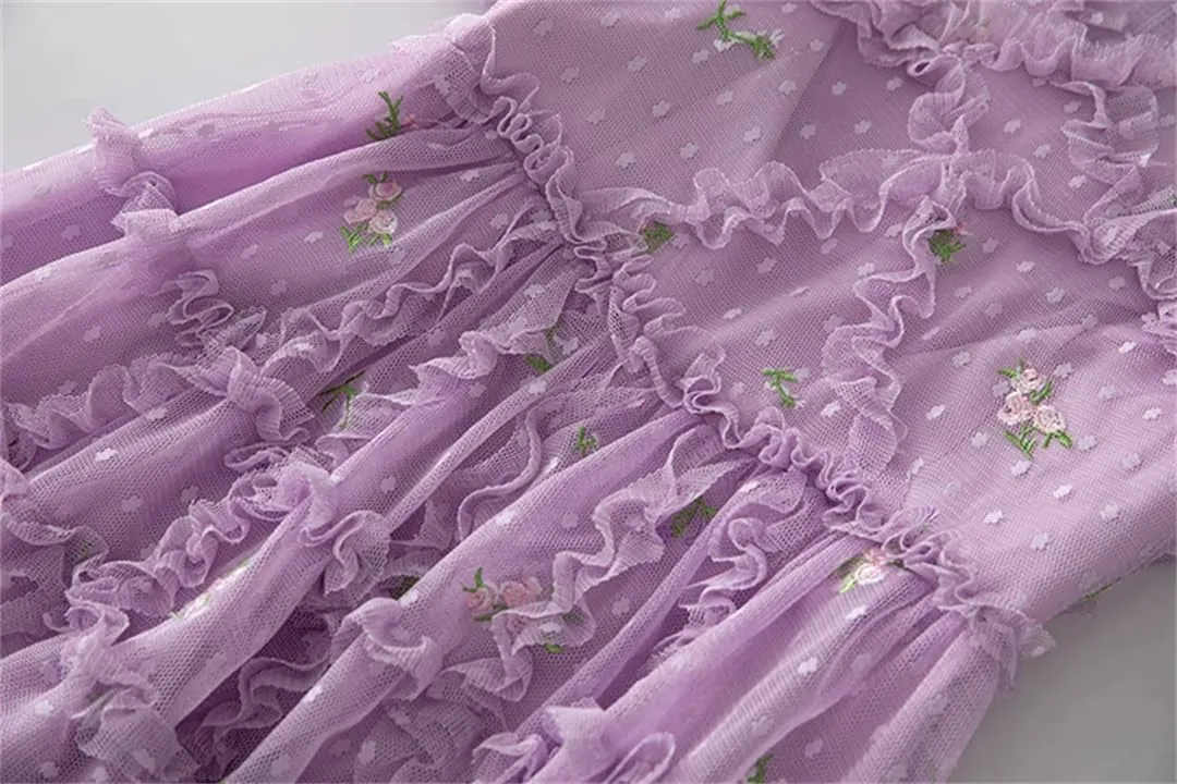 Women Tulle Flowers Polka Dot Embroidery Net Yarn Ruffles Chiffon Dresses