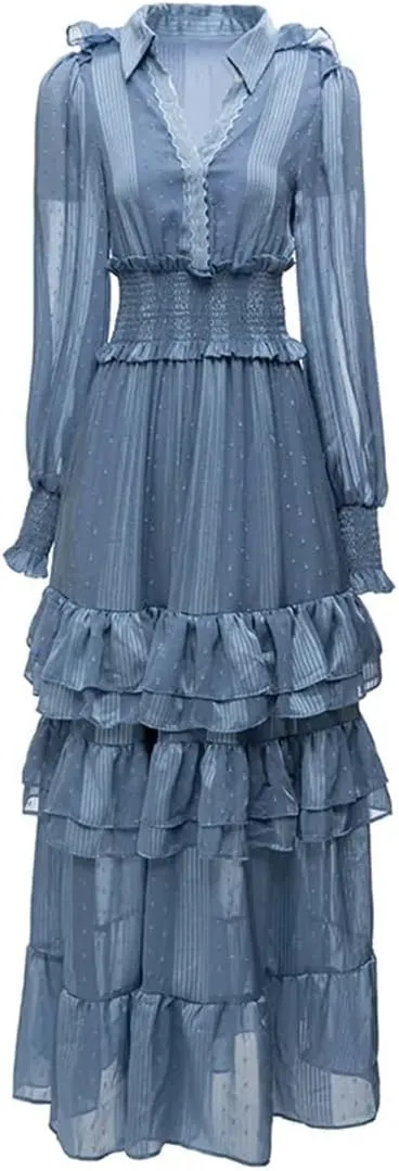 Women Tulle Party Dress Solid A-Line Lapel Long Sleeve Embroidery Elastic Waist Ruffles Slim Dress