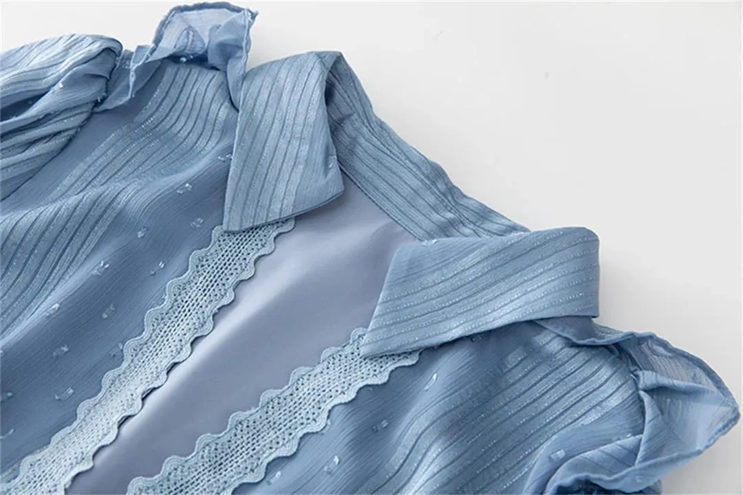 Women Tulle Party Dress Solid A-Line Lapel Long Sleeve Embroidery Elastic Waist Ruffles Slim Dress