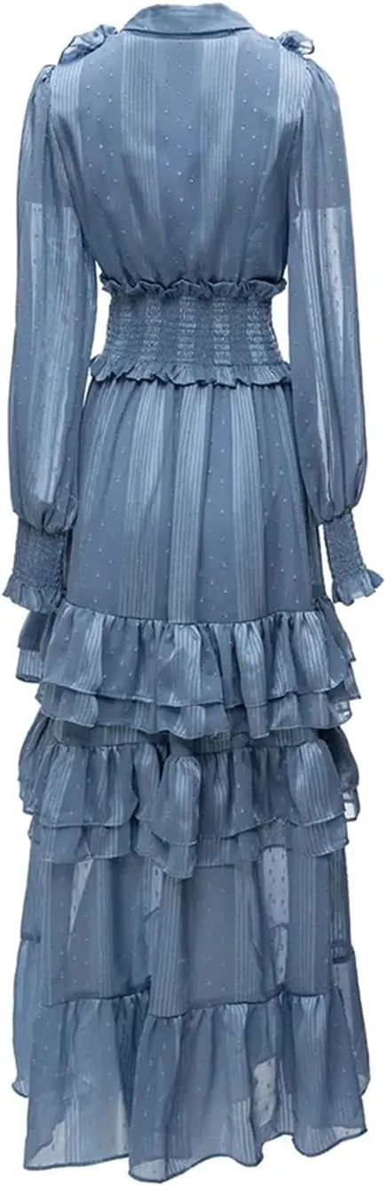 Women Tulle Party Dress Solid A-Line Lapel Long Sleeve Embroidery Elastic Waist Ruffles Slim Dress