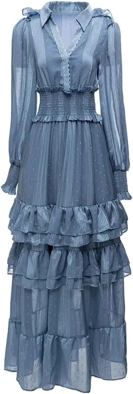Women Tulle Party Dress Solid A-Line Lapel Long Sleeve Embroidery Elastic Waist Ruffles Slim Dress