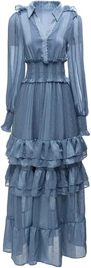 Women Tulle Party Dress Solid A-Line Lapel Long Sleeve Embroidery Elastic Waist Ruffles Slim Dress