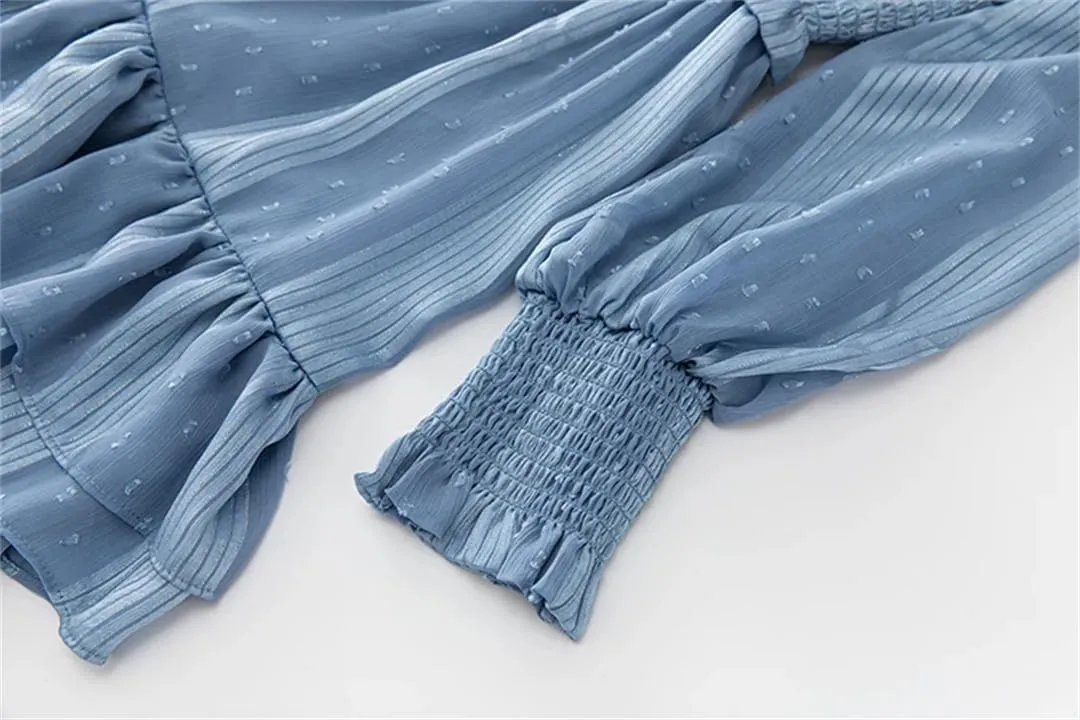 Women Tulle Party Dress Solid A-Line Lapel Long Sleeve Embroidery Elastic Waist Ruffles Slim Dress