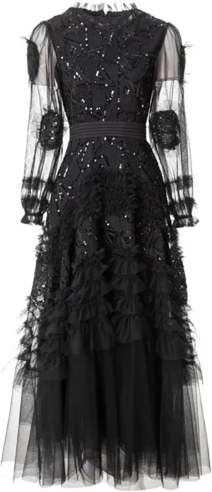 Women Tulle Sequin Cake Evening Dresses Summer Crew Neck Ruffles Long Sleeve A-Line Maxi Dress