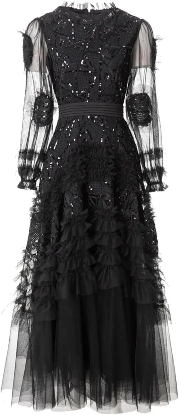 Women Tulle Sequin Cake Evening Dresses Summer Crew Neck Ruffles Long Sleeve A-Line Maxi Dress