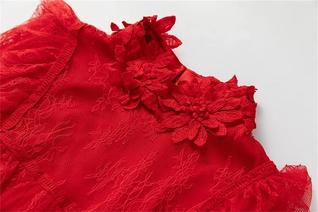 Women Tulle Summer Dress Mock Neck Tulle Button Embroidery Ruffles Tunics Maxi Dresses