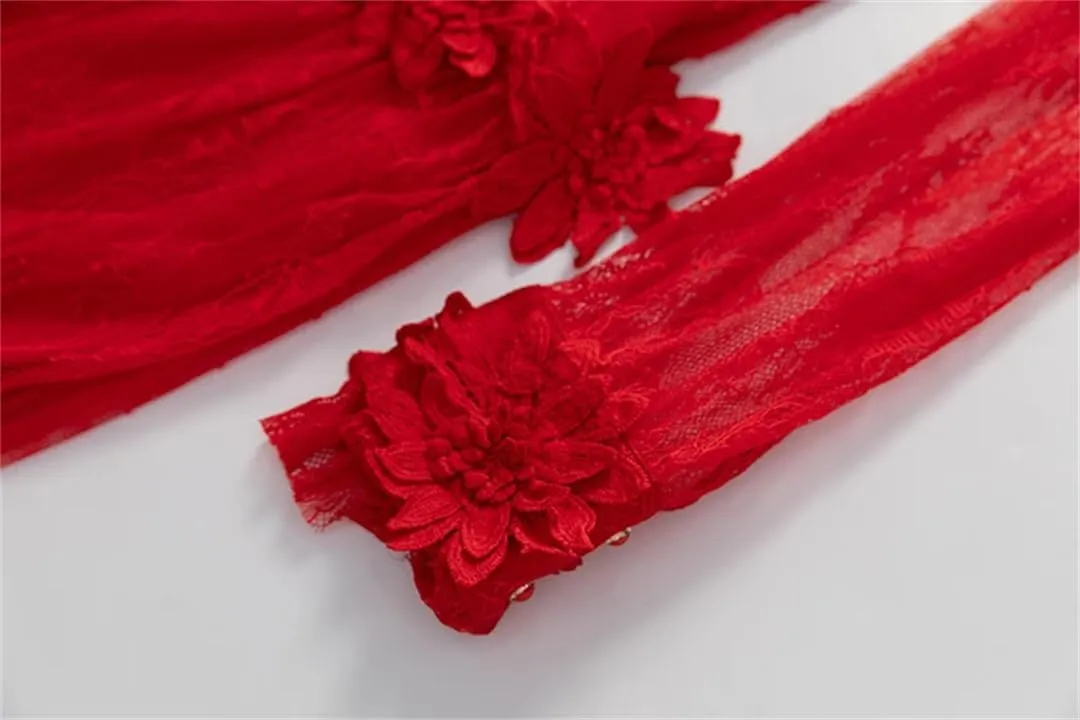 Women Tulle Summer Dress Mock Neck Tulle Button Embroidery Ruffles Tunics Maxi Dresses