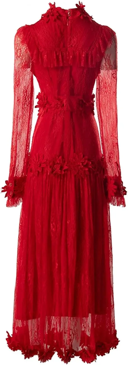 Women Tulle Summer Dress Mock Neck Tulle Button Embroidery Ruffles Tunics Maxi Dresses