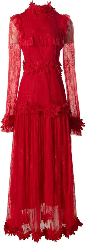 Women Tulle Summer Dress Mock Neck Tulle Button Embroidery Ruffles Tunics Maxi Dresses