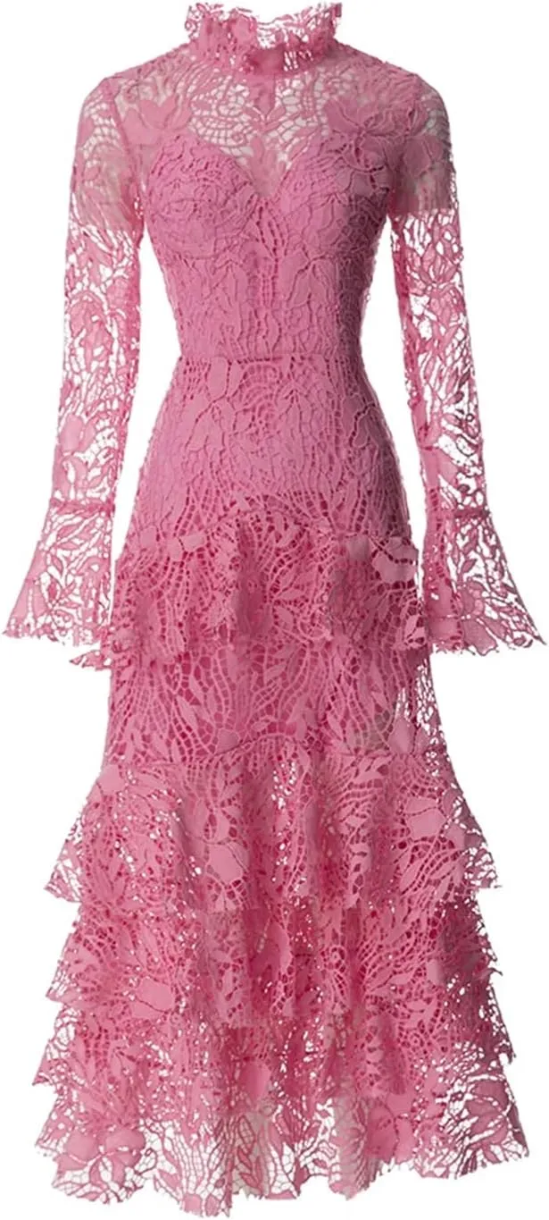 Women Vintage Party Dress Draped Hollow Out Tierred See Through Solid Crew Neck A-Line Dress
