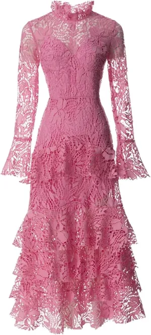 Women Vintage Party Dress Draped Hollow Out Tierred See Through Solid Crew Neck A-Line Dress