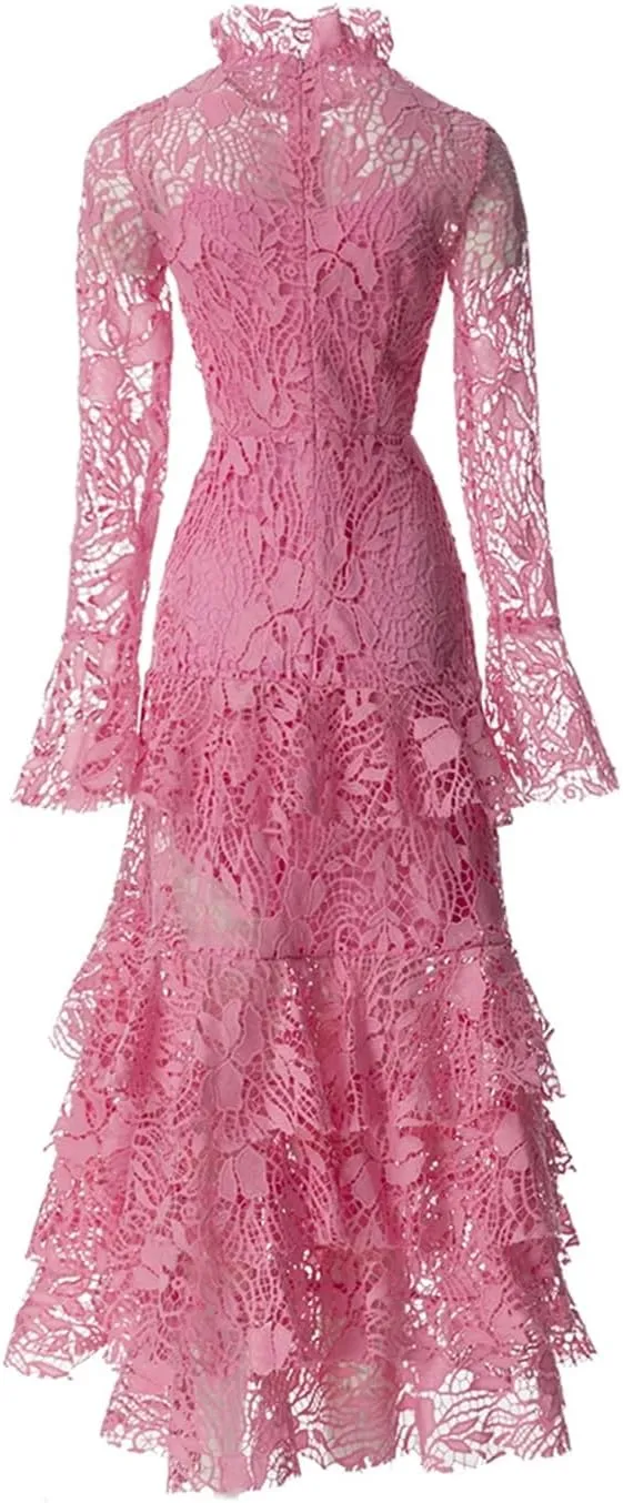 Women Vintage Party Dress Draped Hollow Out Tierred See Through Solid Crew Neck A-Line Dress