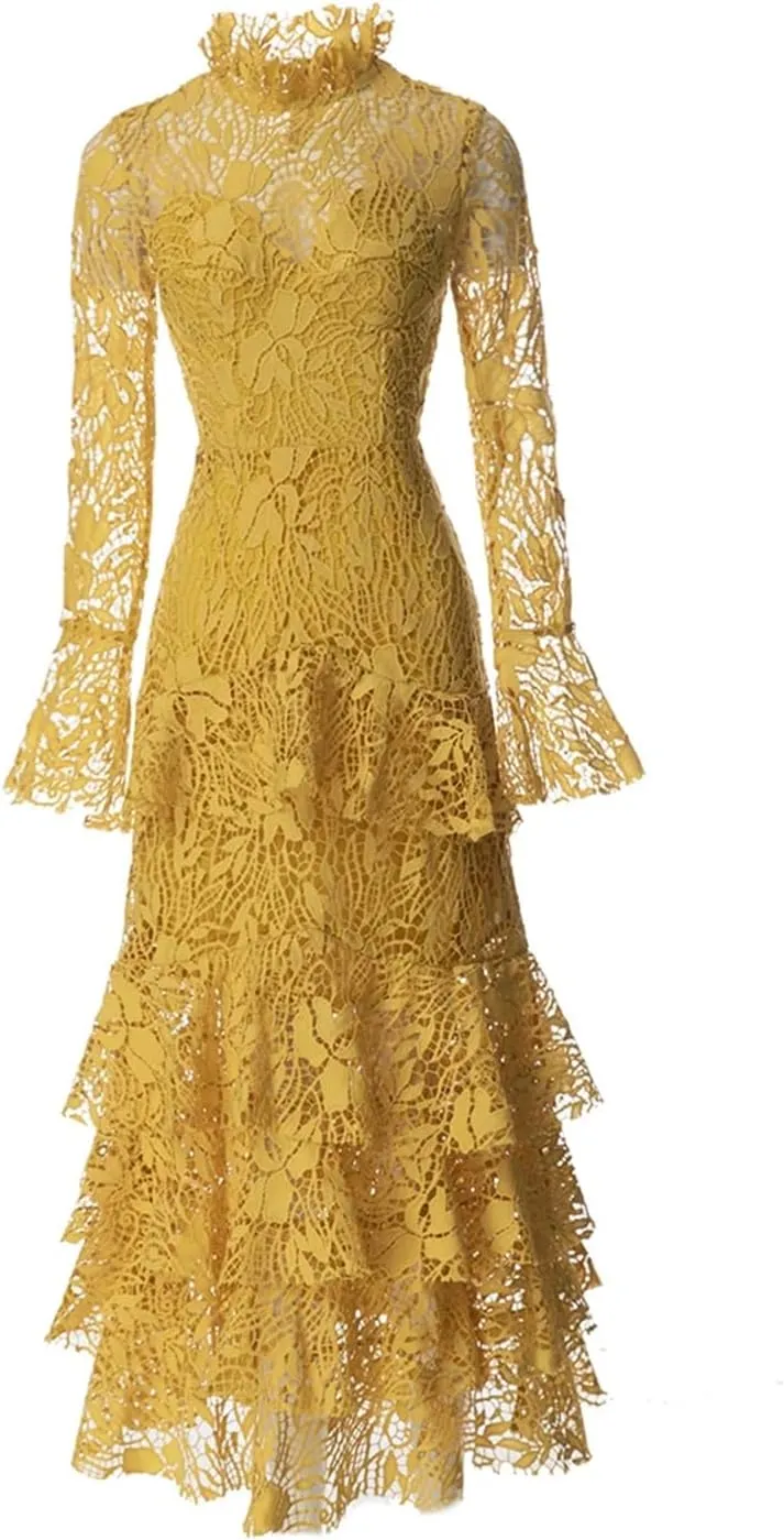 Women Vintage Party Dress Draped Hollow Out Tierred See Through Solid Crew Neck A-Line Dress