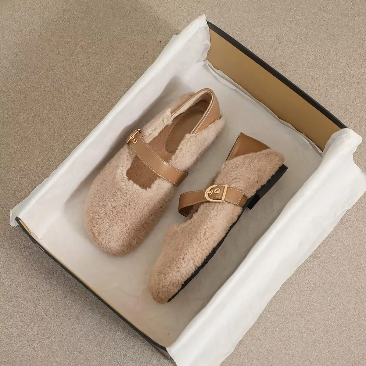 Women Winter Furry Mary Jane Shoes Warm Artificial Lamb Wool Flats Ankle Strap Ladies Indoor and Outdoor Dress Office Bedroom Casual Shoes