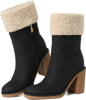 Women's Christmas Faux Suede Winter Chunky Heel Black Ankle Boots Fall Heeld Booties Round Toe Warm Fashion Party Dress Shoes