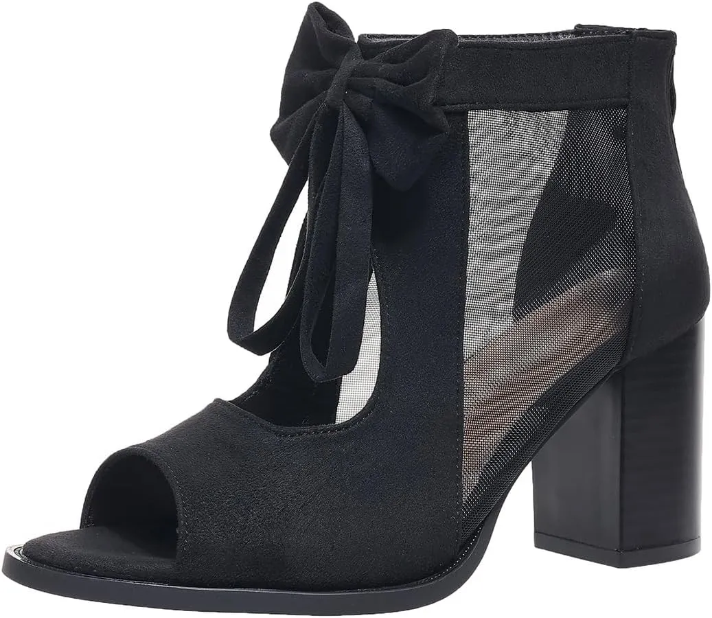Womens Chunky Heels Sandals Bowknot Peep Toe Block Heeled Party Dress Mesh Dressy Back Zipper Ankle Booties