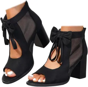 Womens Chunky Heels Sandals Bowknot Peep Toe Block Heeled Party Dress Mesh Dressy Back Zipper Ankle Booties