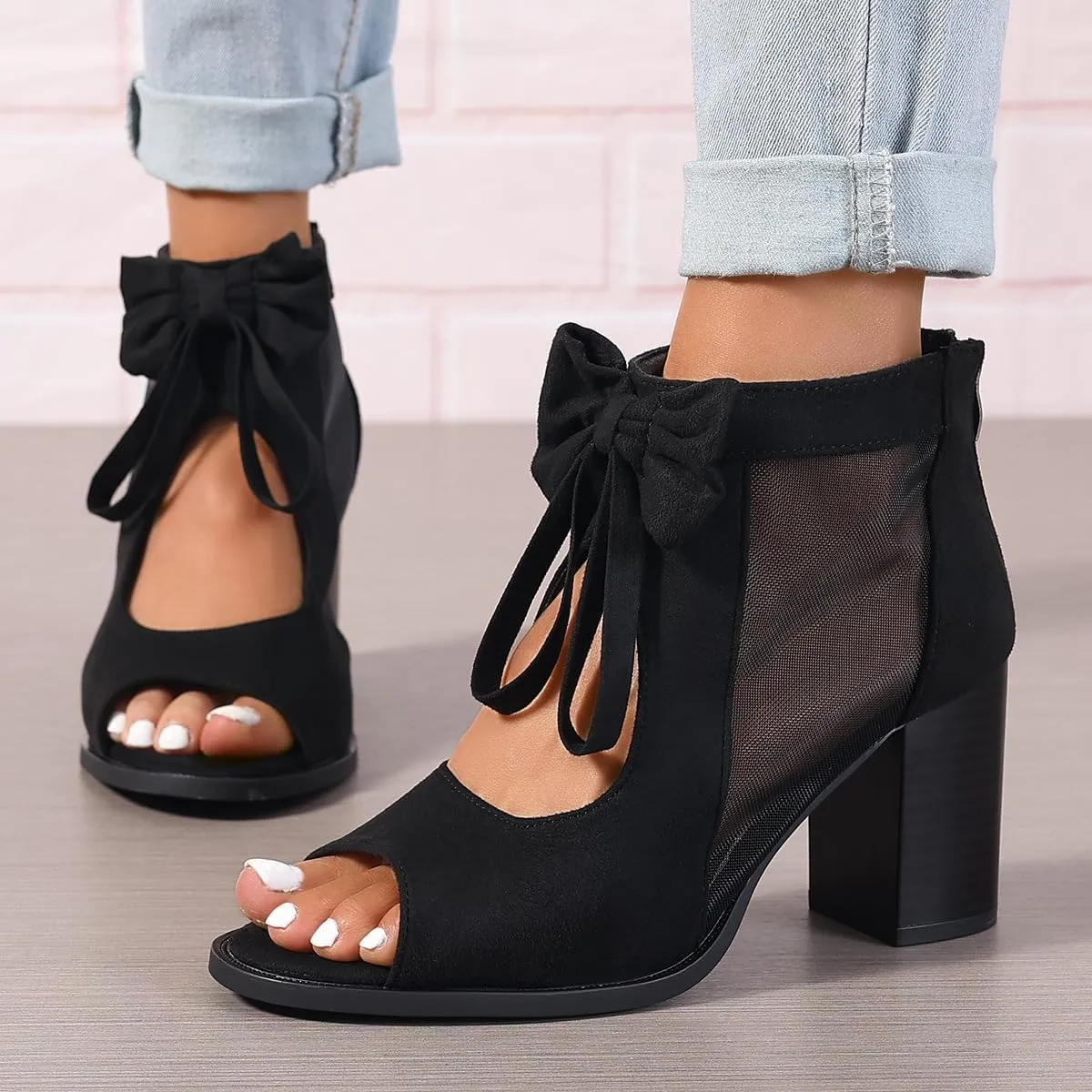 Womens Chunky Heels Sandals Bowknot Peep Toe Block Heeled Party Dress Mesh Dressy Back Zipper Ankle Booties