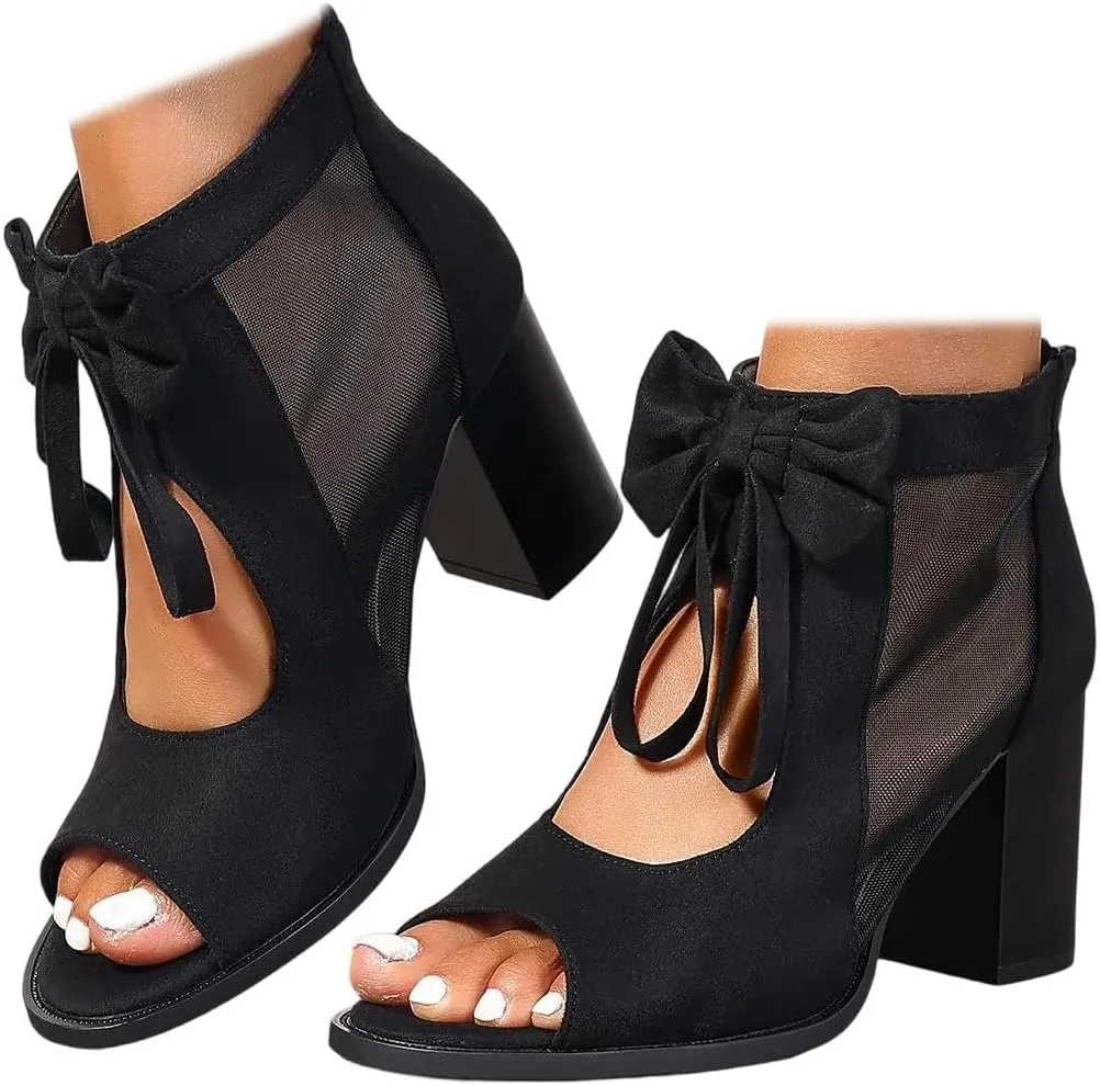 Womens Chunky Heels Sandals Bowknot Peep Toe Block Heeled Party Dress Mesh Dressy Back Zipper Ankle Booties
