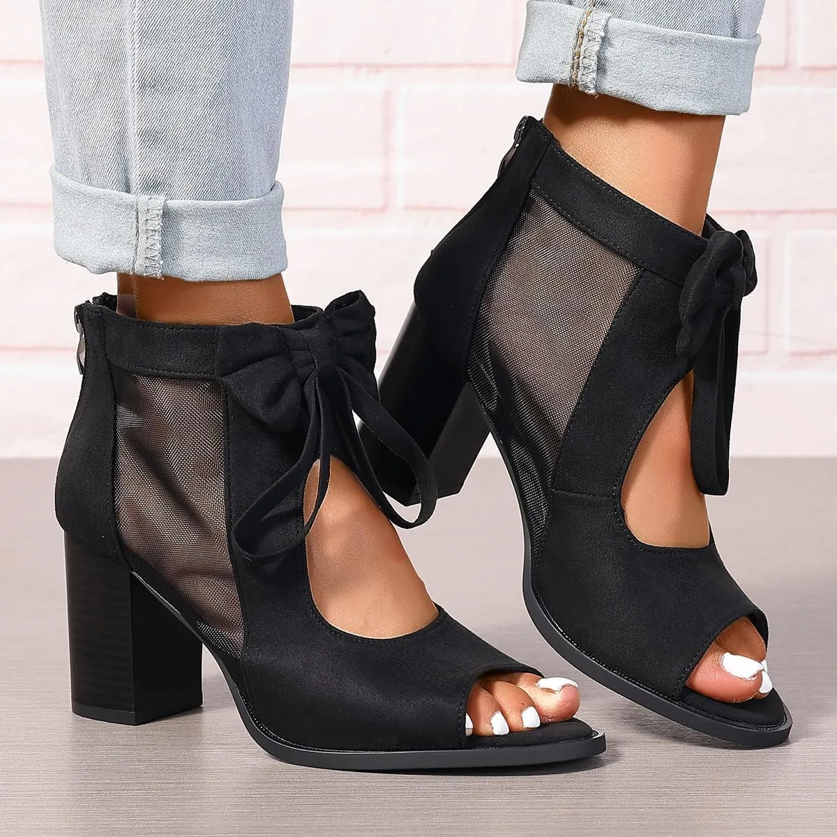 Womens Chunky Heels Sandals Bowknot Peep Toe Block Heeled Party Dress Mesh Dressy Back Zipper Ankle Booties