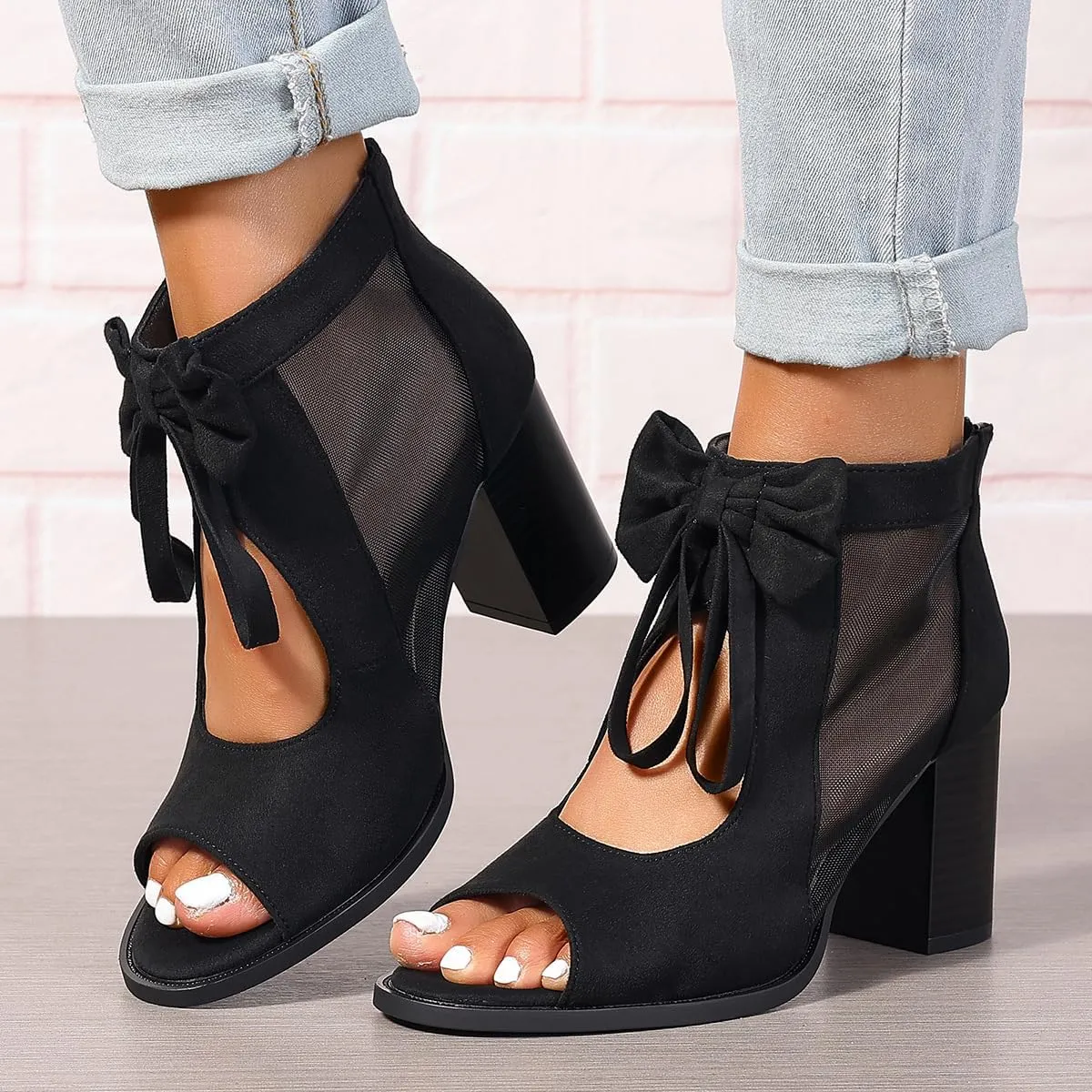 Womens Chunky Heels Sandals Bowknot Peep Toe Block Heeled Party Dress Mesh Dressy Back Zipper Ankle Booties