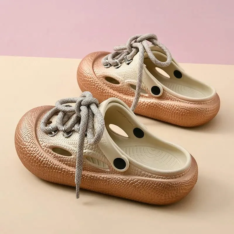 Women's Clogs Men's Large Size Thick-Soled Sandals Garden Shoes Lace-Up Silver Gold Beach Slippers