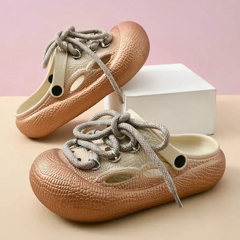Women's Clogs Men's Large Size Thick-Soled Sandals Garden Shoes Lace-Up Silver Gold Beach Slippers