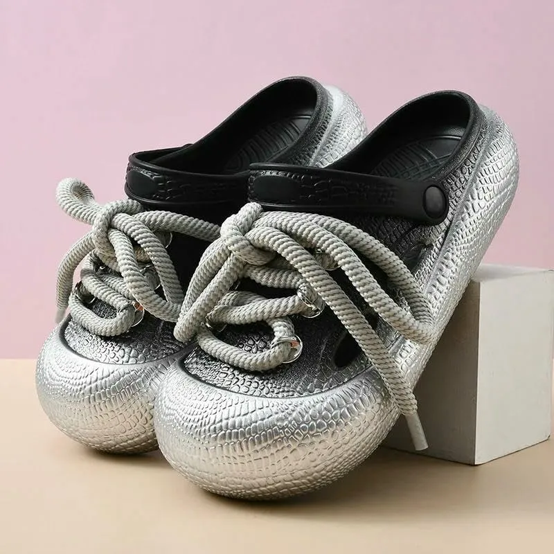 Women's Clogs Men's Large Size Thick-Soled Sandals Garden Shoes Lace-Up Silver Gold Beach Slippers